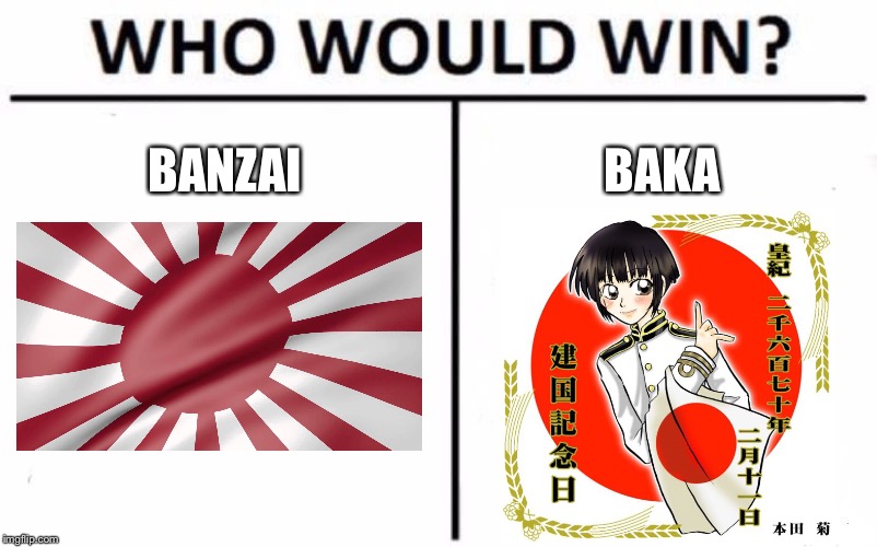 As the Japanese once said “BANZAI!!!!!” | BANZAI; BAKA | image tagged in memes,who would win,banzai,anime,japan | made w/ Imgflip meme maker