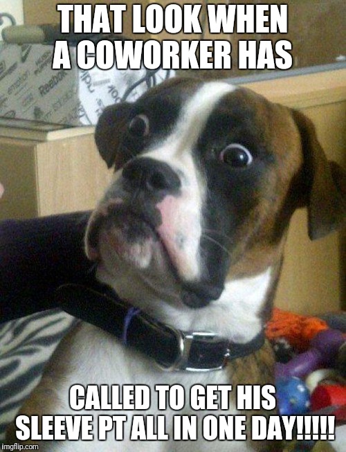 Blankie the Shocked Dog | THAT LOOK WHEN A COWORKER HAS; CALLED TO GET HIS SLEEVE PT ALL
IN ONE DAY!!!!! | image tagged in blankie the shocked dog | made w/ Imgflip meme maker