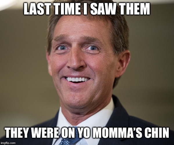 Jeff Flake | LAST TIME I SAW THEM THEY WERE ON YO MOMMA’S CHIN | image tagged in jeff flake | made w/ Imgflip meme maker