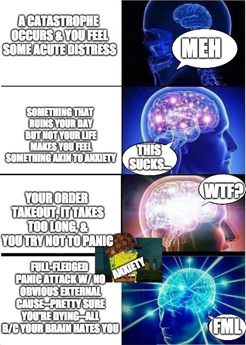 Expanding Brain | A CATASTROPHE OCCURS & YOU FEEL SOME ACUTE DISTRESS; MEH; SOMETHING THAT RUINS YOUR DAY BUT NOT YOUR LIFE MAKES YOU FEEL SOMETHING AKIN TO ANXIETY; THIS SUCKS... WTF? YOUR ORDER TAKEOUT, IT TAKES TOO LONG, & YOU TRY NOT TO PANIC; FULL-FLEDGED PANIC ATTACK W/ NO OBVIOUS EXTERNAL CAUSE--PRETTY SURE YOU'RE DYING--ALL B/C YOUR BRAIN HATES YOU; ANXIETY; FML | image tagged in memes,expanding brain,scumbag | made w/ Imgflip meme maker