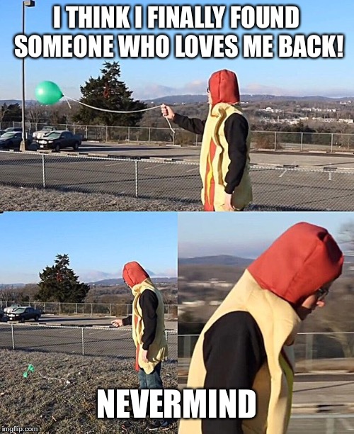 Sad Hotdog | I THINK I FINALLY FOUND SOMEONE WHO LOVES ME BACK! NEVERMIND | image tagged in sad hotdog | made w/ Imgflip meme maker