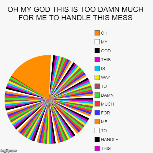 OH MY GOD THIS IS TOO DAMN MUCH FOR ME TO HANDLE THIS MESS |, MESS, THIS, HANDLE, TO, ME, FOR, MUCH, DAMN, TO, WAY, IS, THIS, GOD, MY, OH | image tagged in funny,pie charts | made w/ Imgflip chart maker