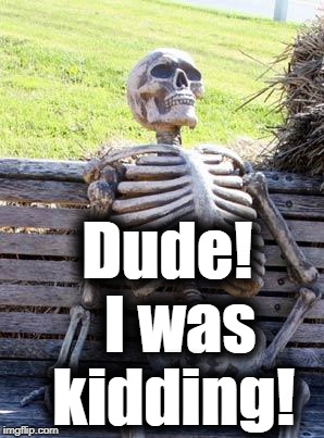 Waiting Skeleton Meme | Dude!  I was kidding! | image tagged in memes,waiting skeleton | made w/ Imgflip meme maker
