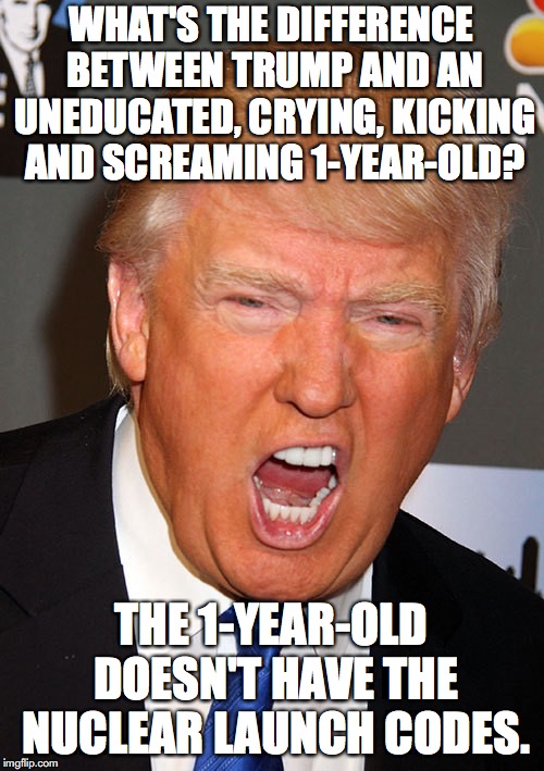 WHAT'S THE DIFFERENCE BETWEEN TRUMP AND AN UNEDUCATED, CRYING, KICKING AND SCREAMING 1-YEAR-OLD? THE 1-YEAR-OLD DOESN'T HAVE THE NUCLEAR LAU | made w/ Imgflip meme maker