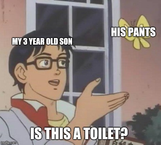 Toddler potty training in a nutshell | HIS PANTS; MY 3 YEAR OLD SON; IS THIS A TOILET? | image tagged in is this a pigeon,potty training,parents,the struggle is real,toddler | made w/ Imgflip meme maker