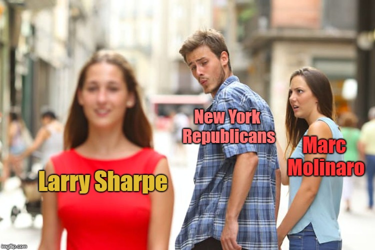 Oggling Larry Sharpe, NY Republicans | New York Republicans; Marc Molinaro; Larry Sharpe | image tagged in memes,distracted boyfriend,republicans,libertarian,larry sharpe | made w/ Imgflip meme maker