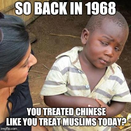 Just saw a random documentary, some things never change. | SO BACK IN 1968; YOU TREATED CHINESE LIKE YOU TREAT MUSLIMS TODAY? | image tagged in memes,third world skeptical kid | made w/ Imgflip meme maker