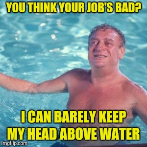 I think I just worked a 60 hour week | YOU THINK YOUR JOB'S BAD? I CAN BARELY KEEP MY HEAD ABOVE WATER | image tagged in memes,rodney dangerfield,bad pun rodney dangerfield,work,work sucks,sorry | made w/ Imgflip meme maker