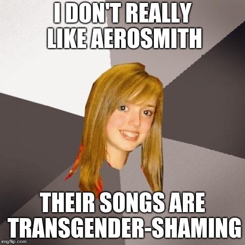 If this triggers any Aerosmith fans, I'll be sure to delete it. | I DON'T REALLY LIKE AEROSMITH; THEIR SONGS ARE TRANSGENDER-SHAMING | image tagged in memes,musically oblivious 8th grader,aerosmith | made w/ Imgflip meme maker