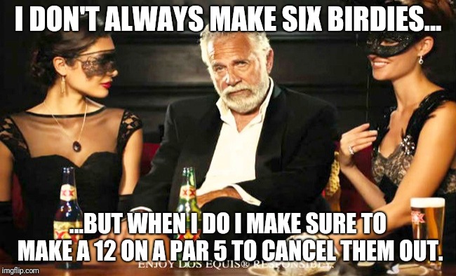 6 birdies followed by a 12 on a par 5 | I DON'T ALWAYS MAKE SIX BIRDIES... ...BUT WHEN I DO I MAKE SURE TO MAKE A 12 ON A PAR 5 TO CANCEL THEM OUT. | image tagged in birdies,golf,pga,pga tour,tiger woods,tiger | made w/ Imgflip meme maker