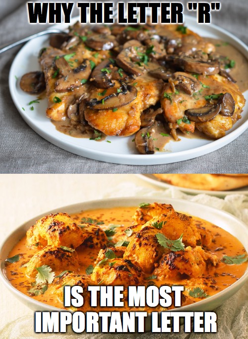 why the letter "r" is the most important letter | WHY THE LETTER "R"; IS THE MOST IMPORTANT LETTER | image tagged in chicken,indian,food | made w/ Imgflip meme maker