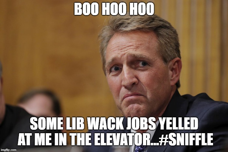 Jeff Frosted Flake | BOO HOO HOO; SOME LIB WACK JOBS YELLED AT ME IN THE ELEVATOR...#SNIFFLE | image tagged in jeff flake | made w/ Imgflip meme maker
