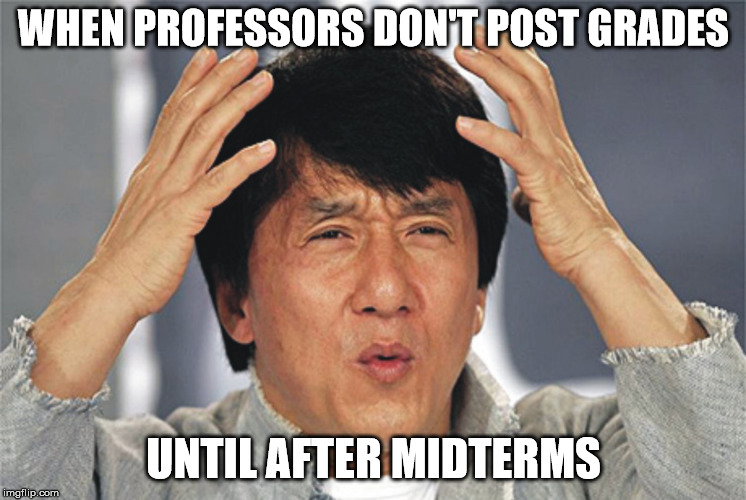Jackie Chan Confused | WHEN PROFESSORS DON'T POST GRADES; UNTIL AFTER MIDTERMS | image tagged in jackie chan confused | made w/ Imgflip meme maker