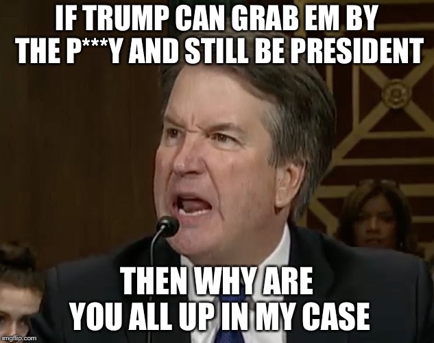 Raging Kavanaugh | IF TRUMP CAN GRAB EM BY THE P***Y AND STILL BE PRESIDENT; THEN WHY ARE YOU ALL UP IN MY CASE | image tagged in raging kavanaugh | made w/ Imgflip meme maker