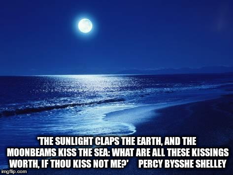 'THE SUNLIGHT CLAPS THE EARTH, AND THE MOONBEAMS KISS THE SEA: WHAT ARE ALL THESE KISSINGS WORTH, IF THOU KISS NOT ME?'     PERCY BYSSHE SHELLEY | image tagged in poem | made w/ Imgflip meme maker
