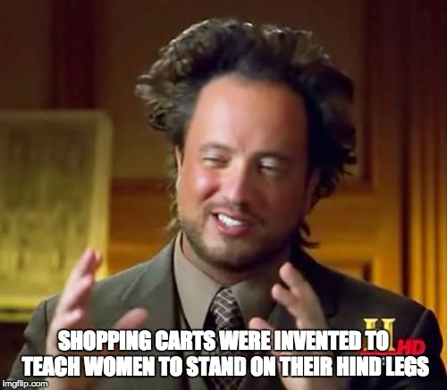 Ancient Aliens | SHOPPING CARTS WERE INVENTED TO TEACH WOMEN TO STAND ON THEIR HIND LEGS | image tagged in memes,ancient aliens | made w/ Imgflip meme maker