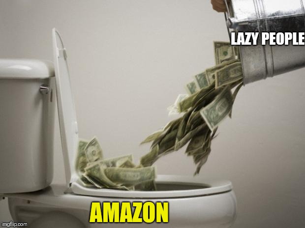 Amazon in a nutshell. |  LAZY PEOPLE; AMAZON | image tagged in money down toilet,amazon,memes | made w/ Imgflip meme maker