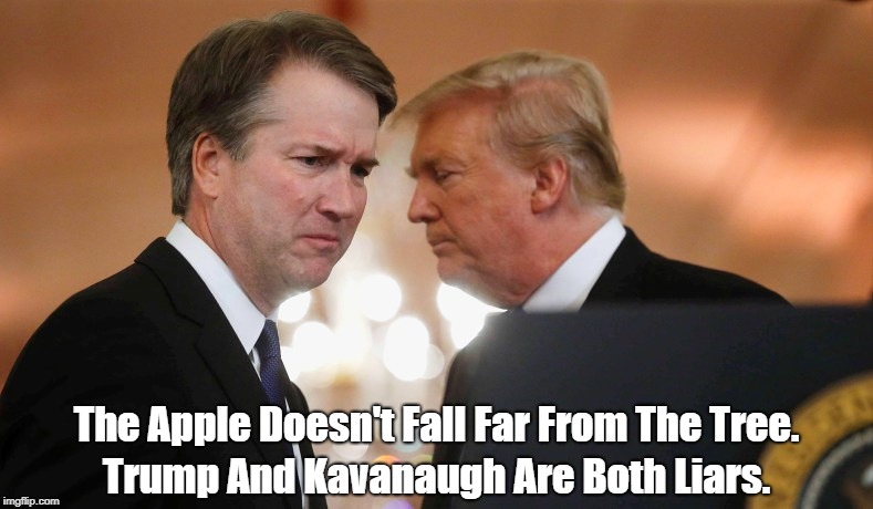 "The Apple Doesn't Fall Far From The Tree. Trump And Kavanaugh Are Both Liars" | The Apple Doesn't Fall Far From The Tree. Trump And Kavanaugh Are Both Liars. | image tagged in trump,kavanaugh,senate judiciary committee,confirmation hearing,supreme court,liars | made w/ Imgflip meme maker