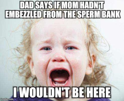 Mad Baby | DAD SAYS IF MOM HADN'T EMBEZZLED FROM THE SPERM BANK; I WOULDN'T BE HERE | image tagged in memes,angry baby,children,bad news | made w/ Imgflip meme maker