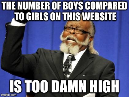 I feel like the only girl on here | THE NUMBER OF BOYS COMPARED TO GIRLS ON THIS WEBSITE; IS TOO DAMN HIGH | image tagged in memes,too damn high | made w/ Imgflip meme maker