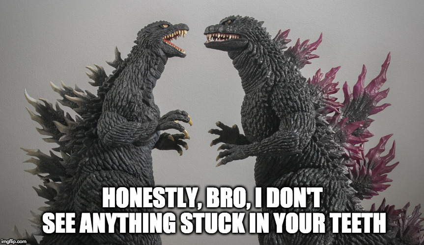 something stuck | HONESTLY, BRO, I DON'T SEE ANYTHING STUCK IN YOUR TEETH | image tagged in godzilla | made w/ Imgflip meme maker