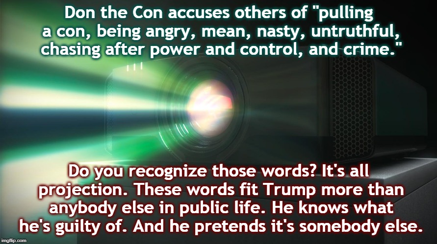 Trump knows his own faults, and pretends they belong to other people. Coward. | Don the Con accuses others of "pulling a con, being angry, mean, nasty, untruthful, chasing after power and control, and crime."; Do you recognize those words? It's all projection. These words fit Trump more than anybody else in public life. He knows what he's guilty of. And he pretends it's somebody else. | image tagged in donald trump,angry,nasty,liar,power,projection | made w/ Imgflip meme maker