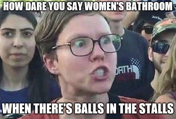 Triggered Liberal | HOW DARE YOU SAY WOMEN'S BATHROOM WHEN THERE'S BALLS IN THE STALLS | image tagged in triggered liberal | made w/ Imgflip meme maker