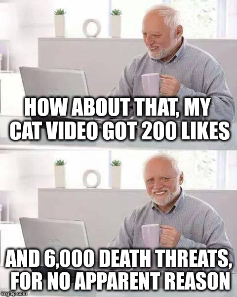 That's the Internet, folks! | HOW ABOUT THAT, MY CAT VIDEO GOT 200 LIKES; AND 6,000 DEATH THREATS, FOR NO APPARENT REASON | image tagged in memes,hide the pain harold,internet | made w/ Imgflip meme maker