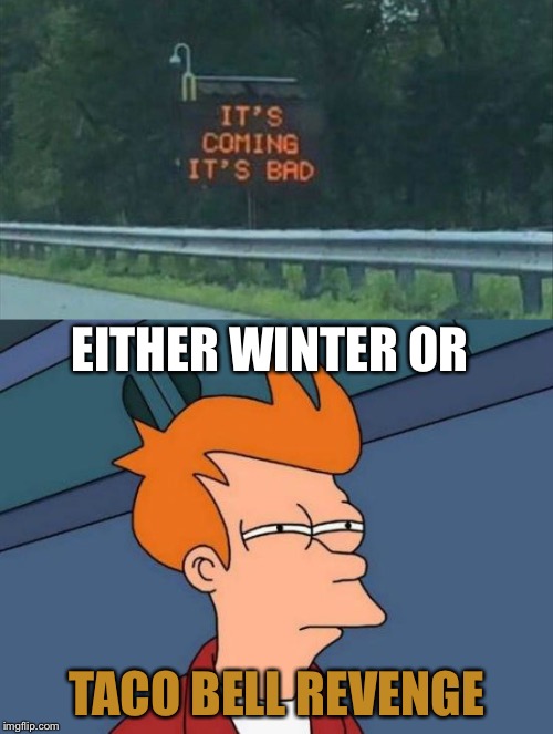 Tough choice. | EITHER WINTER OR; TACO BELL REVENGE | image tagged in futurama fry,winter is coming,taco bell,memes,funny | made w/ Imgflip meme maker