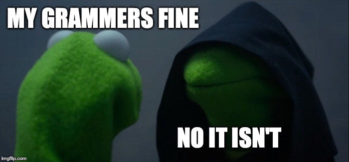 What A Whammy | MY GRAMMERS FINE; NO IT ISN'T | image tagged in memes,evil kermit | made w/ Imgflip meme maker