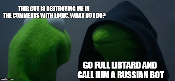 Evil Kermit Meme | THIS GUY IS DESTROYING ME IN THE COMMENTS WITH LOGIC. WHAT DO I DO? GO FULL LIBTARD AND CALL HIM A RUSSIAN BOT | image tagged in memes,evil kermit | made w/ Imgflip meme maker