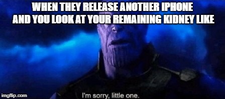 Im sorry little one | WHEN THEY RELEASE ANOTHER IPHONE AND YOU LOOK AT YOUR REMAINING KIDNEY LIKE | image tagged in im sorry little one | made w/ Imgflip meme maker