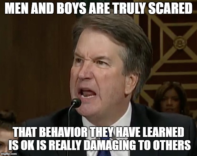 What Boys Are Doing Isn't OK.  Parents should teach us better. | MEN AND BOYS ARE TRULY SCARED; THAT BEHAVIOR THEY HAVE LEARNED IS OK IS REALLY DAMAGING TO OTHERS | image tagged in raging kavanaugh,hysterical,angry,sexual harassment,sexual assault,rape | made w/ Imgflip meme maker