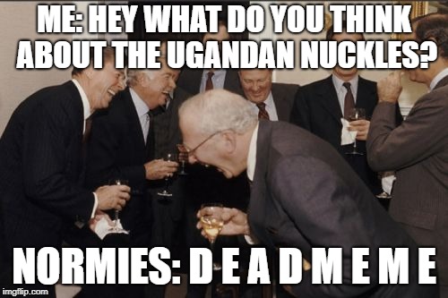 Laughing Men In Suits Meme | ME: HEY WHAT DO YOU THINK ABOUT THE UGANDAN NUCKLES? NORMIES: D E A D M E M E | image tagged in memes,laughing men in suits | made w/ Imgflip meme maker