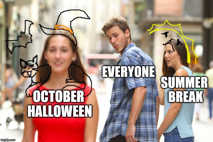 OMG! October is tomorrow and my birthday is in 20 dayz ^-^ | EVERYONE; SUMMER BREAK; OCTOBER HALLOWEEN | image tagged in memes,distracted boyfriend | made w/ Imgflip meme maker