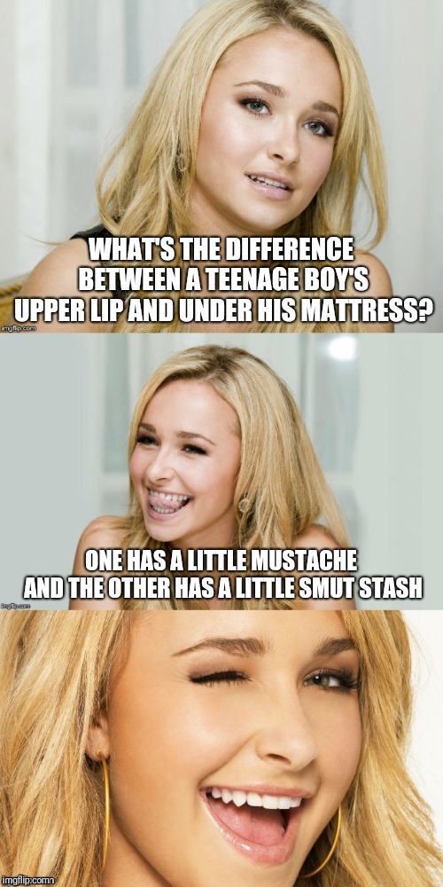 Bad Pun Hayden Panettiere | WHAT'S THE DIFFERENCE BETWEEN A TEENAGE BOY'S UPPER LIP AND UNDER HIS MATTRESS? ONE HAS A LITTLE MUSTACHE AND THE OTHER HAS A LITTLE SMUT STASH | image tagged in bad pun hayden panettiere,horny teenage boys,memes | made w/ Imgflip meme maker