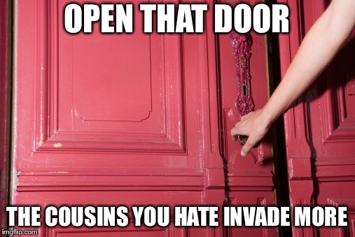 This happened 2 days ago | OPEN THAT DOOR; THE COUSINS YOU HATE INVADE MORE | image tagged in close door,memes,invasion | made w/ Imgflip meme maker