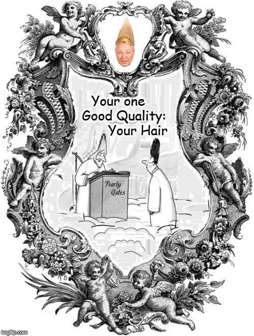 Vince Vance at the Pearly Gates | Your one     Good Quality:          Your Hair | image tagged in tall hair dude,vince vance,st peter,pearly gates,the gates of heaven,meeting your maker | made w/ Imgflip meme maker