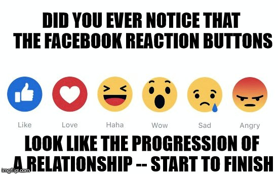 All things follow a natural progression | DID YOU EVER NOTICE THAT THE FACEBOOK REACTION BUTTONS; LOOK LIKE THE PROGRESSION OF A RELATIONSHIP -- START TO FINISH | image tagged in facebook reactions | made w/ Imgflip meme maker