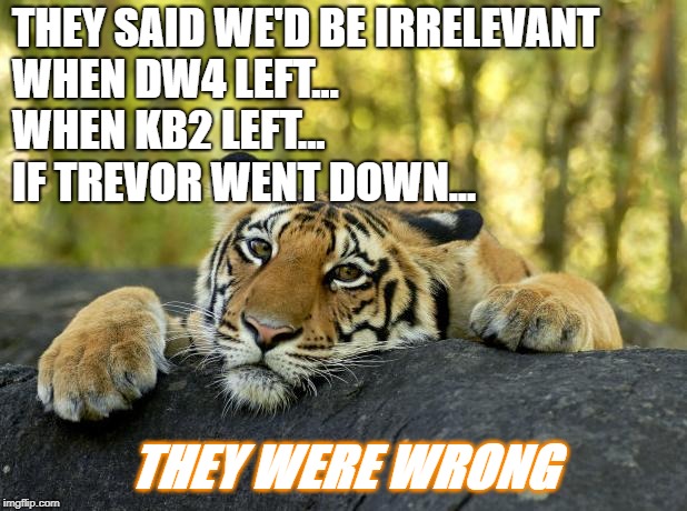 Confession Tiger | THEY SAID WE'D BE IRRELEVANT               
WHEN DW4 LEFT...            
WHEN KB2 LEFT...
                                       IF TREVOR WENT DOWN... THEY WERE WRONG | image tagged in confession tiger | made w/ Imgflip meme maker