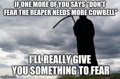 the grim reaper ain't gonna take any nonsense | IF ONE MORE OF YOU SAYS "DON'T FEAR THE REAPER NEEDS MORE COWBELL"; I'LL REALLY GIVE YOU SOMETHING TO FEAR | image tagged in memes,the grim reaper | made w/ Imgflip meme maker