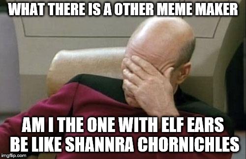 Captain Picard Facepalm | WHAT THERE IS A OTHER MEME MAKER; AM I THE ONE WITH ELF EARS BE LIKE SHANNRA CHORNICHLES | image tagged in memes,captain picard facepalm | made w/ Imgflip meme maker