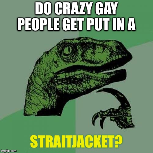 I may be overthinking this. | DO CRAZY GAY PEOPLE GET PUT IN A; STRAITJACKET? | image tagged in memes,philosoraptor,straitjacket,funny | made w/ Imgflip meme maker