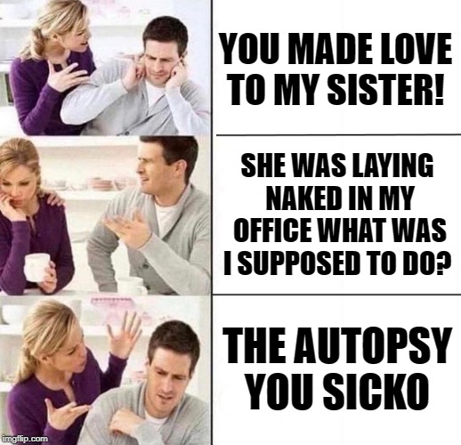 office antics  | YOU MADE LOVE TO MY SISTER! SHE WAS LAYING NAKED IN MY OFFICE WHAT WAS I SUPPOSED TO DO? THE AUTOPSY YOU SICKO | image tagged in husband wife,funny | made w/ Imgflip meme maker