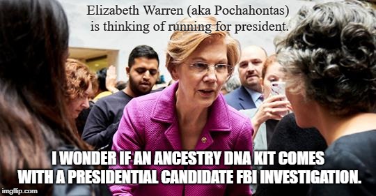 Please spit in a tube.... | Elizabeth Warren (aka Pochahontas) is thinking of running for president. I WONDER IF AN ANCESTRY DNA KIT COMES WITH A PRESIDENTIAL CANDIDATE FBI INVESTIGATION. | image tagged in warren for president,dna,pochahontas | made w/ Imgflip meme maker