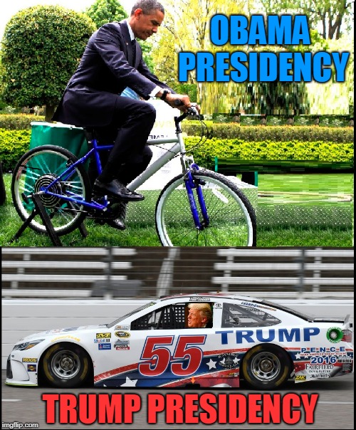 Stationary Bicycle Versus Race Car | OBAMA PRESIDENCY; TRUMP PRESIDENCY | image tagged in vince vance,barack obama,donald trump,race car,stationary bicycle,nascar | made w/ Imgflip meme maker
