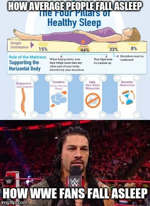  HOW AVERAGE PEOPLE FALL ASLEEP; HOW WWE FANS FALL ASLEEP | image tagged in wwe,sleep,roman reigns | made w/ Imgflip meme maker