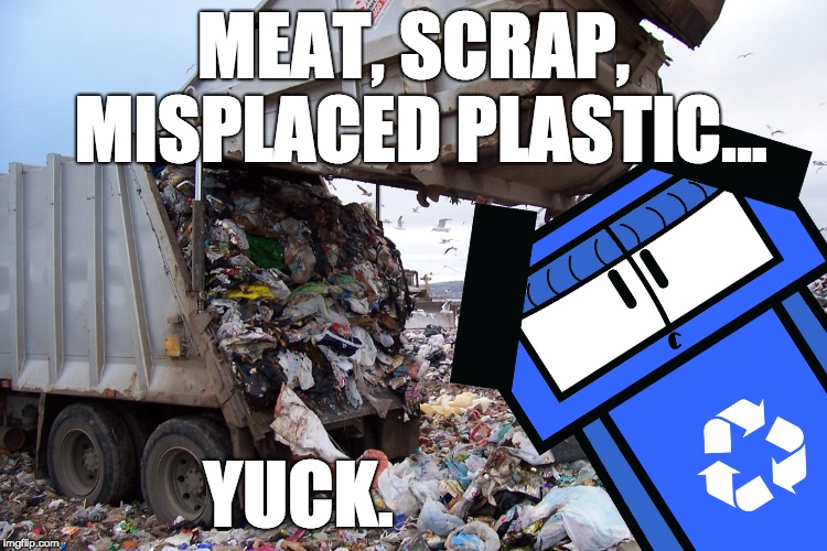 Recyc on garbage | MEAT, SCRAP, MISPLACED PLASTIC... YUCK. | image tagged in garbage dump,original character,recycling | made w/ Imgflip meme maker