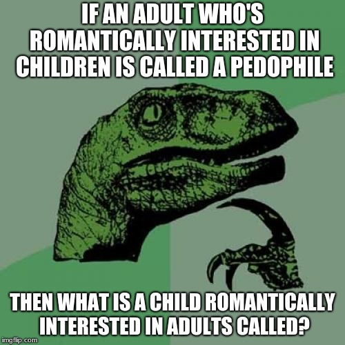 I'm not trying to be a sicko, of course. I'm sure people (albeit normal) wonder the same thing. | IF AN ADULT WHO'S ROMANTICALLY INTERESTED IN CHILDREN IS CALLED A PEDOPHILE; THEN WHAT IS A CHILD ROMANTICALLY INTERESTED IN ADULTS CALLED? | image tagged in memes,philosoraptor,children,adults | made w/ Imgflip meme maker