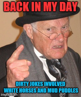 Am I showing my age? | BACK IN MY DAY; DIRTY JOKES INVOLVED WHITE HORSES AND MUD PUDDLES | image tagged in memes,back in my day | made w/ Imgflip meme maker